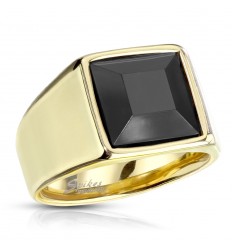 Guldfarvet Signet Ring med Sort Onyx Sten